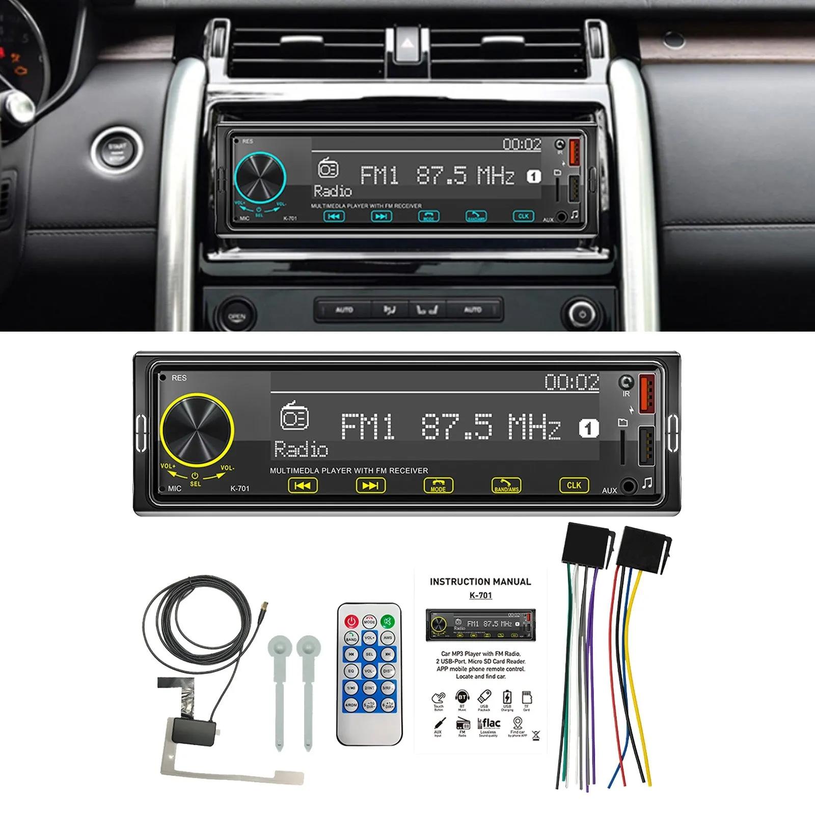 Reproductor de MP3 para coche con radio FM estéreo Bluetooth 2.5D con pantalla táctil 1DIN con DAB