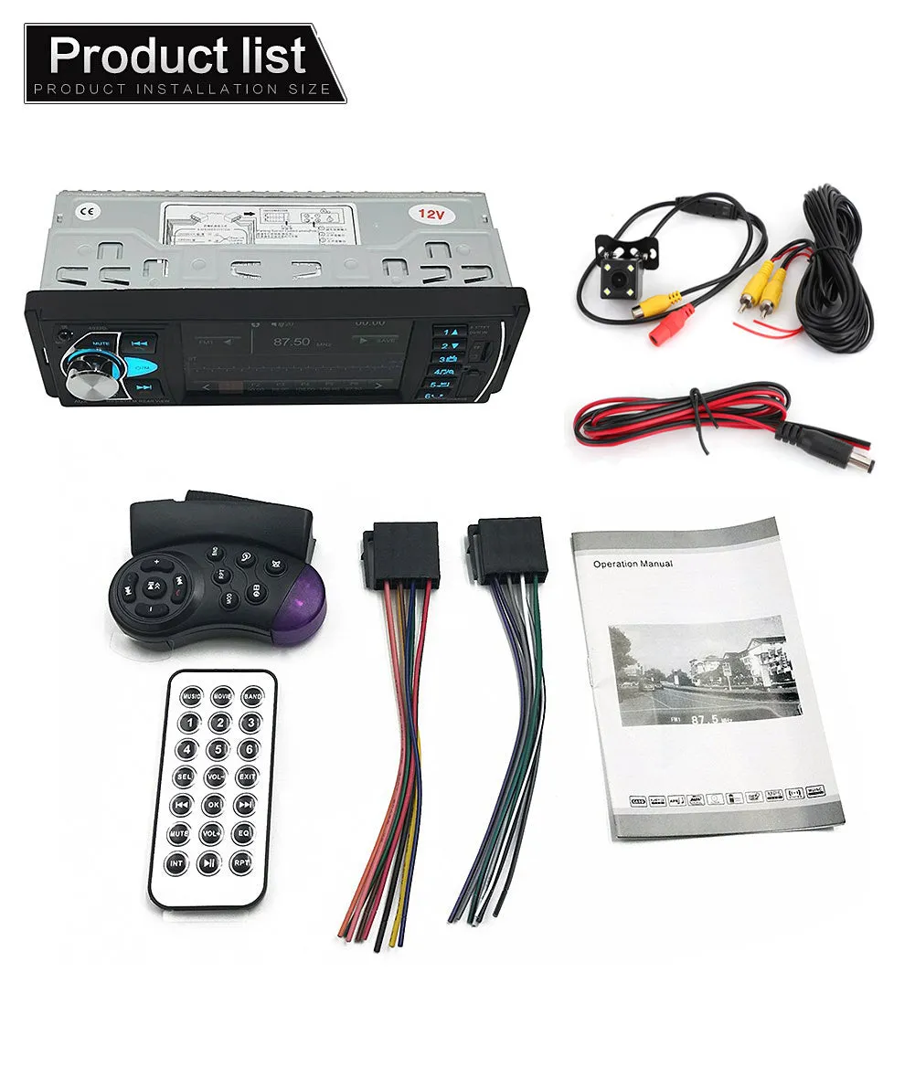 1DIN 4.1in Radio de coche Estéreo Bluetooth FM USB AUX Audio Reproductor MP5 + Cámara