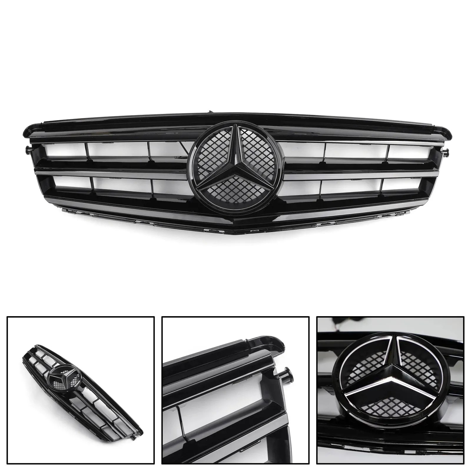Parrilla de coche con emblema LED Compatible con BENZ W204 C300 C350 2008 2009 2010 2011 2012 2013 2014 Negro Genérico