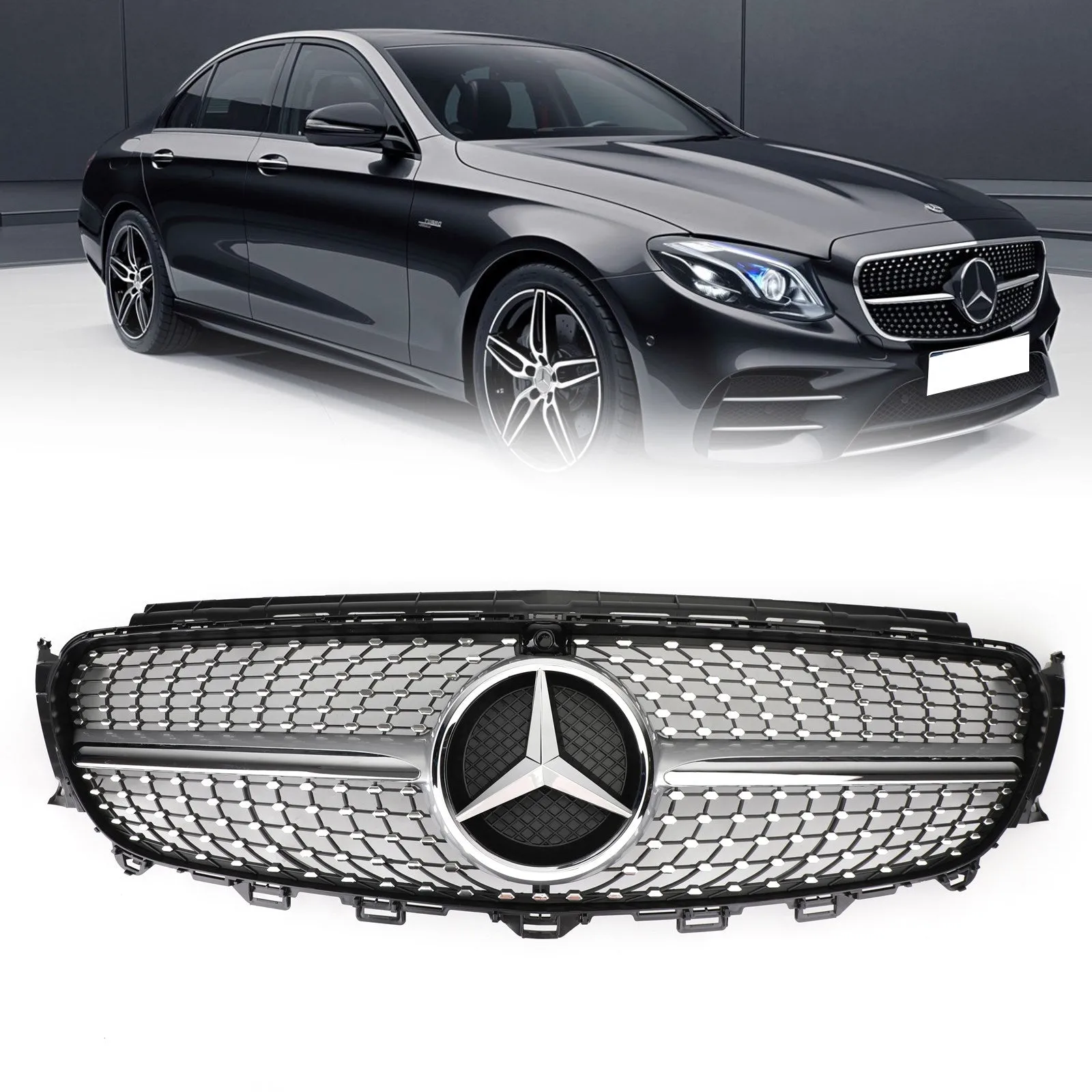 W213 Rejilla de repuesto para parrilla de borde plateado diamante Mercedes Benz E300 E400 2016-2019