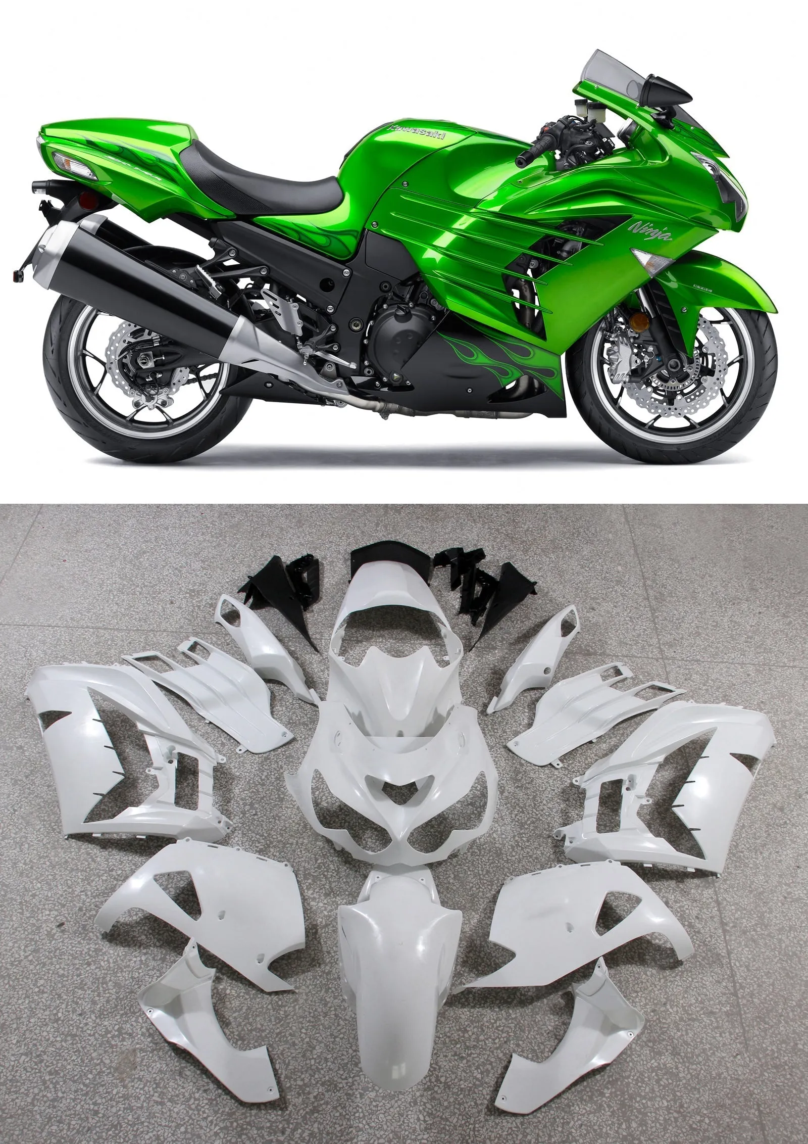 Carenados de plástico Amotopart 2012-2021 Kawasaki ZX14R Ninja Green Flame genérico