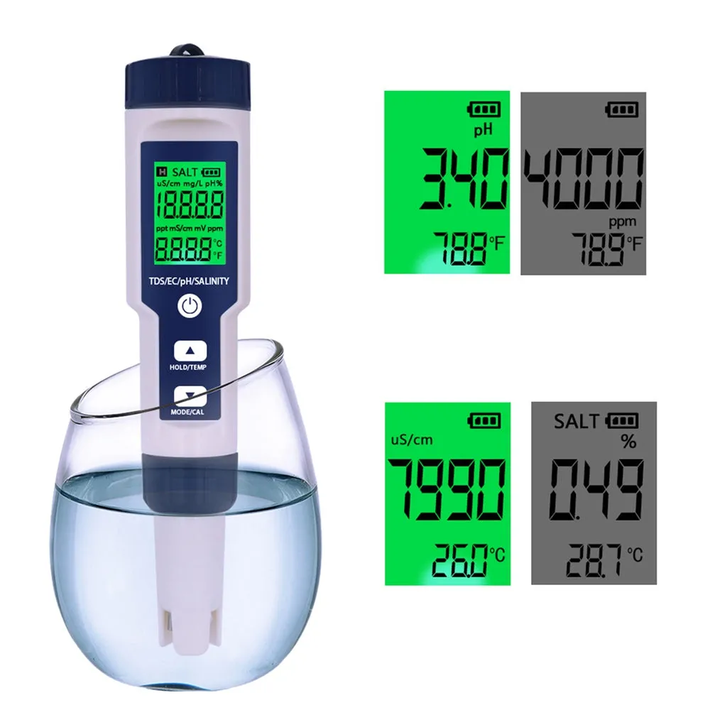 Herramienta de prueba del medidor de Probador de Calidad del Agua Digital 5 en 1 PH/TDS/EC/salinidad/temperatura