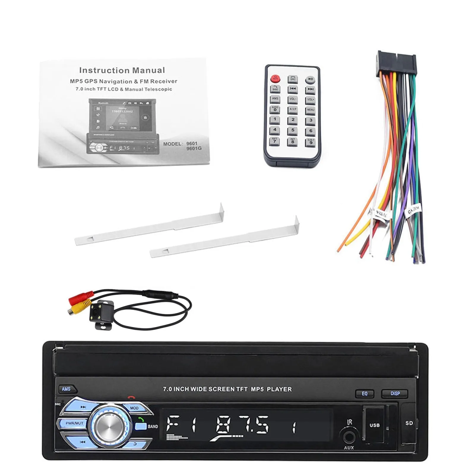 7" 1Din Pantalla táctil telescópica Radio de coche Reproductor MP5 estéreo BT/USB/AUX con cámara